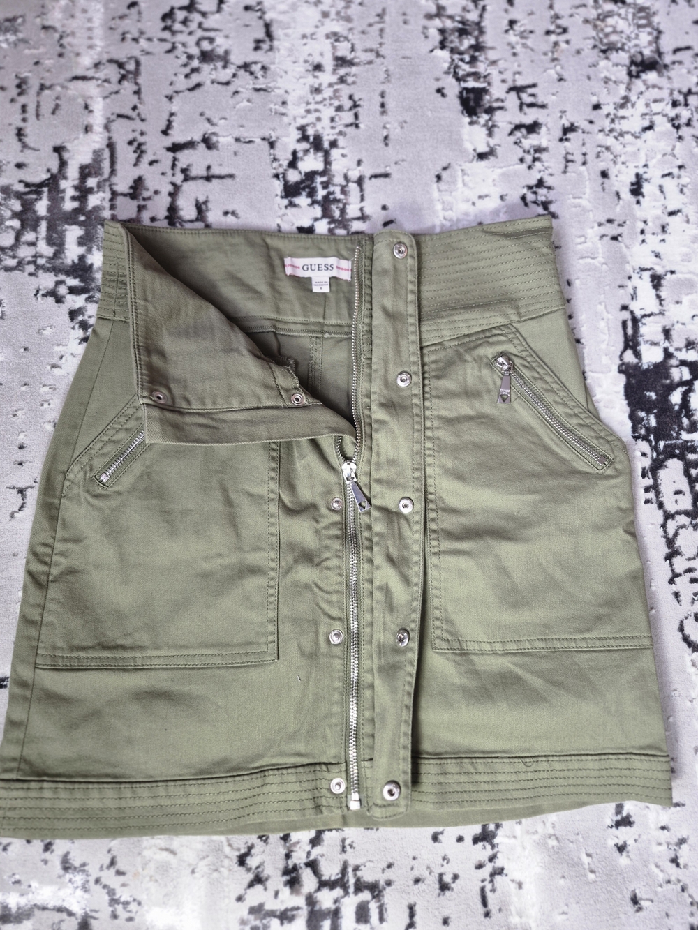 GUESS RARE Women Y2K Cargo Mini Skirt Khaki Utility Military Zip Pocket Size S(6